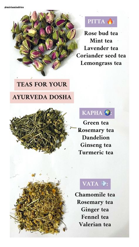 Teas for the 3 Ayurveda doshas Vat Pitta Kapha, Ayurvedic Schedule, Tea For Pitta Dosha, Ayurvedic Recipes Vata Pitta, Pitta Dosha Recipes Meals, Balancing Pitta Dosha, Kapha Balancing Recipes, Ayurvedic Tea Recipes, How To Balance Vata Dosha