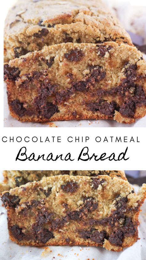 2 pictures of sliced chocolate chip oatmeal banana bread with gooey, melty chocolate. Chocolate Chip Bread Recipe, Gluten Free Quick Bread, Oatmeal Banana Bread, Healthy Biscuits, Healthy Breads, Nutritious Desserts, Oatmeal Banana, Banana Oat Muffins, Chocolate Chip Bread