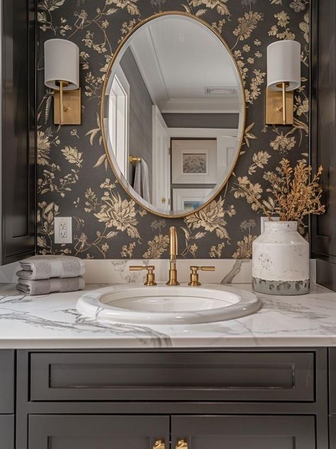 #homesweethome #homebyis #inredning #heminredningsdetaljer #home #bedroominspo #bedroomdecor #roominspiration #roomdecor #beautifulrooms #beautifulpowderrooms Moody Floral Wallpaper Bathroom, Moody Powder Bath Wallpaper, Dark Powder Bathroom Ideas, Small Dark Powder Room, Powder Room Moody, Dark Moody Powder Room, Dark Powder Room Ideas, Cottage Bathroom Inspiration, Gothic Bathroom Ideas