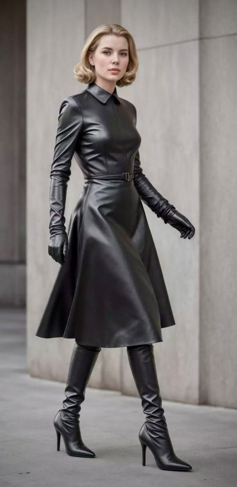 Leather Dress Outfit, Black Leather Outfit, Spandex Outfits, Leather Outfits Women, Vinyl Fashion, Leather Coat Womens, Pu Leather Skirt, Vinyl Clothing, Long Leather Coat