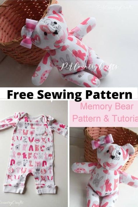 Mini Bear Sewing Pattern Free, Onesie Bear Pattern, Remembrance Teddy Bear Pattern, Fabric Bear Pattern, Tee Shirt Memory Bear, How To Make A Memory Bear From A Shirt, Easy Sew Teddy Bear Pattern, Making A Bear Out Of A Shirt, Memory Fox Pattern Free