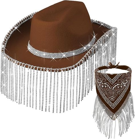 Bling Diamonds Design: the coffee rhinestone cowgirl hat adopts the classical cowboy hat shape and artificial diamond tassels, which will shine in the light or sunlight, which will make you look more attractive and eye catching in the crowd Rhinestone Cowgirl Hat, Fringe Hat, Men Cosplay, Rhinestone Cowgirl, Cowgirl Bachelorette, Western Theme Party, Drag King, Cowgirl Bling, Cowgirl Cowboy