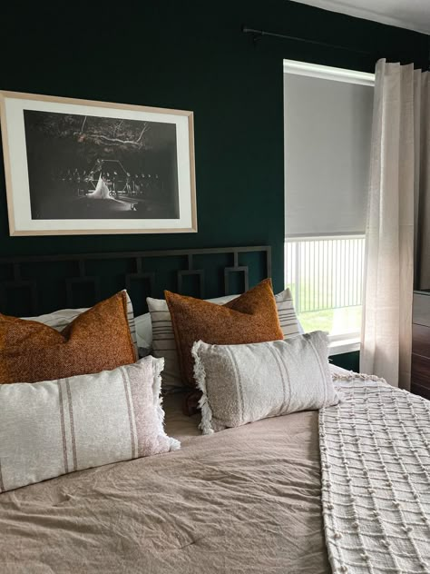 Dark Walls Light Bedding, Olive Bedroom Accent Wall, Green Accent Color Bedroom, Light And Dark Green Bedroom, Dark Green And Sage Bedroom, Dark Green And Dark Grey Bedroom, Green And Rust Bedroom Ideas, Green Brown Home Decor, Charleston Green Bedroom