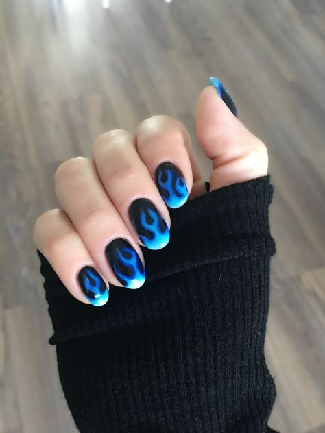 Black Nails With Blue Flames, Blue And Black Flame Nails, Nails Blue Flames, Blue Flames Nails, Flame Nails Men, Blue Fire Nails, Nail Art Fire, Blue Flame Nails, Minimal Nails Art