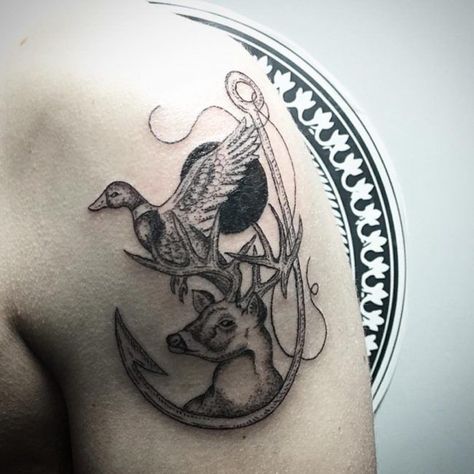 Hunting Tattoo Ideas, Duck Hunting Tattoos, Bow Hunting Tattoos, Deer Hunting Tattoos, Hunting Fishing Tattoo, Outdoor Tattoo, Wedding Verses, Hunter Tattoo, Duck Tattoos