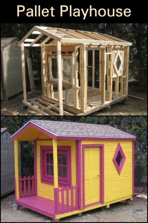 Diy Playhouse Outdoor Cheap, Diy Playhouse Outdoor, Diy Pallet Playhouse, Kids Shed, Diy Kids Playhouse, Playhouse Diy, Playhouse For Kids, Pallet Kids, Wood Playhouse