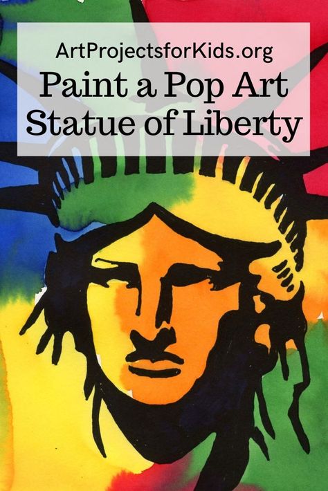 Patriots Day Art Projects For Kids, Pop Art Statue Of Liberty, Patriotic Elementary Art, Pop Art Step By Step, Statue Of Liberty Art Project, Statue Of Liberty Crafts For Kids, Statue Of Liberty Activities, American History Art Projects, Pop Art Lesson