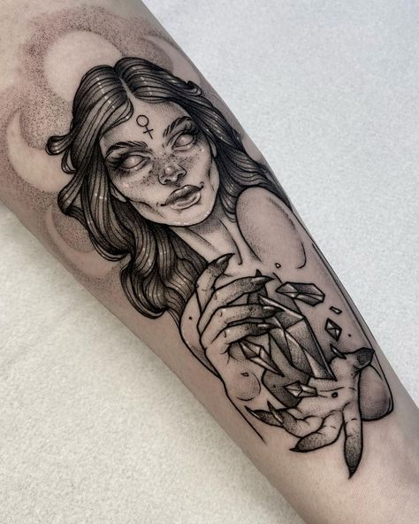 Witch Portrait Tattoo, Human Artstyle, Forest Goddess, Tattoo 2024, Female References, Crystal Witch, Tattoo Reference, Witch Tattoo, Watercolor Tattoos