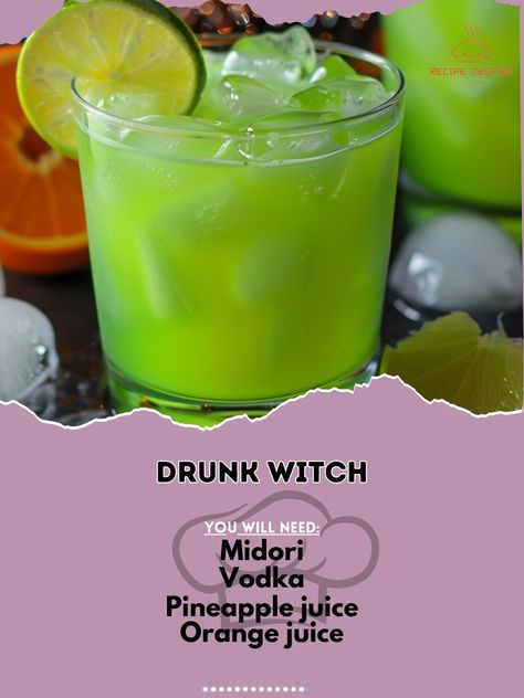 🎃 Unleash the magic with a Drunk Witch cocktail! 🎃✨ #DrunkWitch #HalloweenSips Drunk Witch Ingredients: Midori (1/2 cup) Vodka (1/2 cup) Pineapple juice (1 cup) Orange juice (1/2 cup) Lime slices (for garnish) Ice (as needed) Instructions: In a shaker, combine Midori, vodka, pineapple juice, and orange juice. Shake well. Fill glasses with ice and pour the mixture over the ice. Garnish with lime slices. Bewitching flavors await in every sip! 🍹🧙‍♀️ #RecipeInspire #HalloweenCocktails #DrunkW... Quick Drinks Alcohol, Mixed Drinks Alcoholic Halloween, Witch Ingredients, Creative Alcoholic Drinks, Witch Cocktail, Fun Halloween Drinks, Slushie Recipe, Cocktail Drinks Alcoholic, Fall Cocktails Recipes