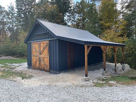 Shed With Overhang Storage, Lean To Workshop Ideas, Lean To On Garage, Large Storage Shed, Storage Building With Lean To, Shed Overhang Ideas, Small Shed With Overhang, Small Garage Ideas Exterior, Shed With Metal Roof