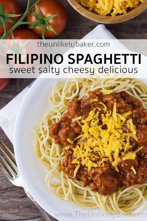 Filipino style spaghetti is unlike any spaghetti you’ve had before. It’s sweet, made with banana ketchup, topped with a mountain of sharp cheddar cheese and has hotdogs! #easyrecipe #spaghetti #pasta #filipinofood Macaroni Salad Filipino Style, Filipino Spaghetti Recipe, Filipino Merienda, Filipino Style Spaghetti, Filipino Spaghetti, Sweet Spaghetti, Banana Ketchup, Easy Filipino Recipes, Cheesy Pasta Recipes