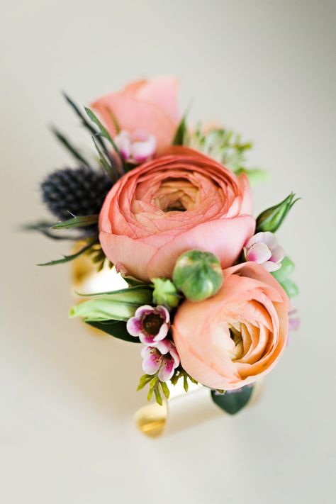 Colorful Wrist Corsage, Unique Prom Corsage Ideas, Peach Corsage, Colorful Corsage, Ranunculus Corsage, Cuff Corsage, Wearable Florals, Formal Flowers, Miamisburg Ohio