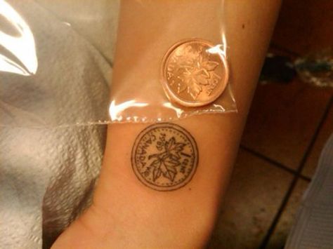 Penny Tattoo Ideas, Coin Tattoo, Penny Tattoo, Tattoos 2022, Heron Tattoo, Canadian Tattoo, Bookish Tattoos, Tattoo Board, Pinky Swear