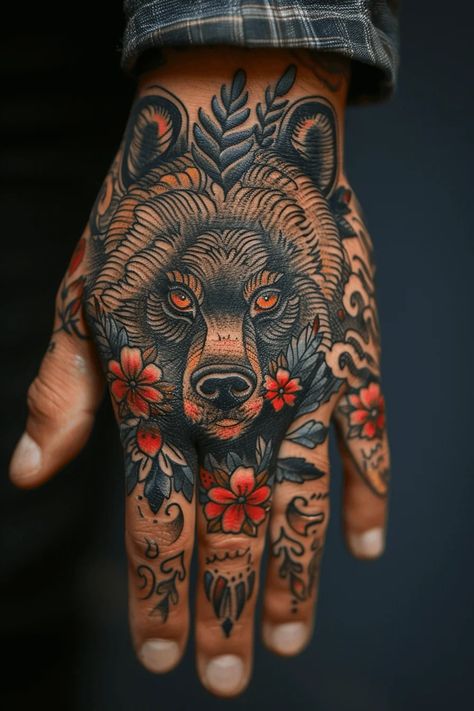 Fierce Bear Tattoo Ideas With Strong Symbolism Men’s Traditional Hand Tattoos, Tattoo On Hand Man, Cool Animal Tattoos For Guys, Neo Traditional Chest Tattoo Men, Traditional Paw Tattoo, Rooster American Traditional Tattoo, Monkey Hand Tattoo, Traditional Arm Sleeve Tattoo, Cool Men’s Tattoos