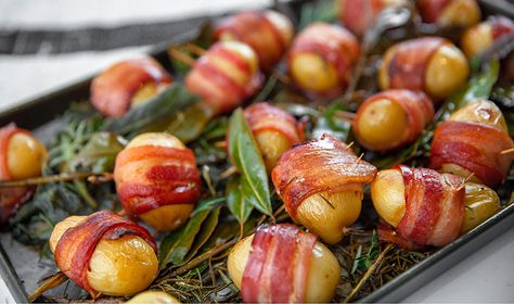 Everyday Gourmet | Bacon-Wrapped Potatoes Potato With Bacon, Gourmet Bacon, Potato Spuds, Bacon Wrapped Potatoes, Tv Recipes, Mini Potatoes, Potato Sides, Roast Potatoes, Potato Side Dishes