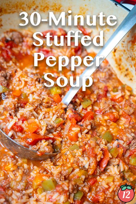 30-Minute Stuffed Pepper Soup | 12 Tomatoes Green Pepper Soup, Soups To Make, Bell Pepper Soup, Can Tomato Sauce, Easy Stuffed Peppers, 12 Tomatoes Recipes, Stuffed Pepper, Pepper Soup, Green Bell Pepper