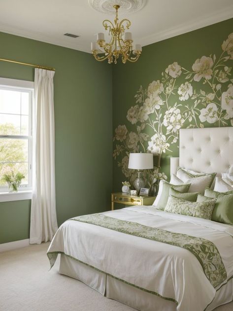 Floral Accent Wall, Green Room Ideas Bedroom, Elegant Bedroom Design, Dream House Bedroom, All White Bedroom, Cottage Style Interiors, Sitting Room Design, Sage Green Bedroom, White Bed Frame