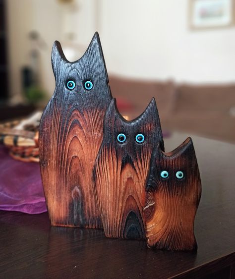 Wooden Cats Diy, Wood Cats Projects, Wood Cats, Wooden Cats, Tre Kunst, Scrap Wood Crafts, Halloween Wood Crafts, Wood Craft Projects, Wood Art Projects