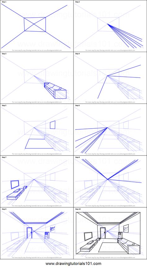 How to Draw One Point Perspective Room Printable Drawing Sheet by DrawingTutorials101.com One Point Perspective Tutorial, One Point Drawing Perspective, Drawing Shapes In Perspective, One Point Room Perspective Drawing, How To Draw Perspective Step By Step, Step By Step Perspective Drawing, How To Perspective Drawing, 3 Point Perspective Grid, Drawing Perspective Room