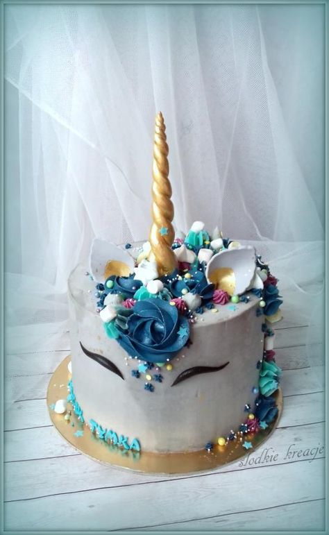 Unicorn  by slodkiekreacje Blue Unicorn Cake, Diy Unicorn Birthday Cake, Unicorn Cake Design, Trendy Cakes, Cake For Boy, Cake For Kids, Cake Unicorn, Charlotte Cake, Fancy Sprinkles