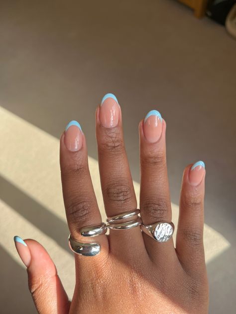 Nails French tip baby blue Short Round Nails French Tip Color, Blue French Tip Almond Acrylic Nails, Powder Blue French Tips, Almond Biab Nails Designs, Round Biab Nails, Baby Blue French Tip Nails Almond, Blue Biab Nails, Short Blue French Tip Nails, Baby Blue French Nails