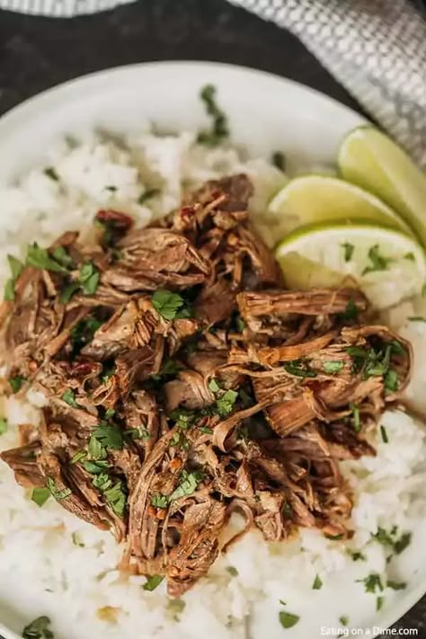 Enjoy slow cooker chipotle barbacoa recipe with little effort thanks to the crock pot. Tender beef is cooked to perfection and delicious with rice or tortillas. Try this copycat recipe for an easy crockpot meal. #eatingonadime #slowcookerchipotlebarbacoarecipe #copycat #recipeslowcooker Instapot Meat, Mexican Barbacoa Recipe, Mexican Barbacoa, Chipotle Barbacoa Recipe, Instant Pot Barbacoa, Chipotle Barbacoa, Easy Veggie Side Dish, Beef Barbacoa, Meat Ideas