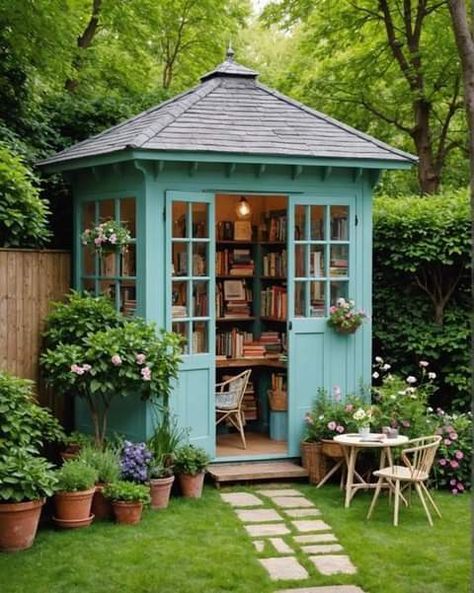 Guest Shed Ideas, Outdoor Book Library, Reading Shed, Outdoor Curtain Ideas, Pool Shed Ideas, Shed Interior Design Ideas, She Shed Interior Ideas, Reading Place, She Shed Interior