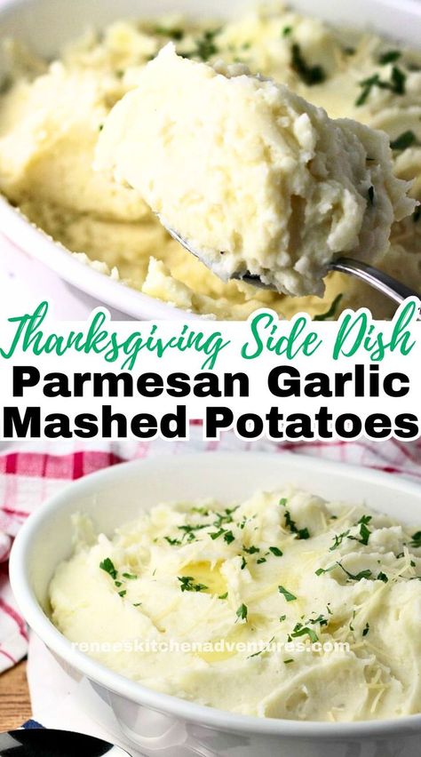 Parmesan Garlic Mashed Potatoes Recipe in a serving dish ready to serve and with a spoon lifting a serving up. Text overlay "Thanksgiving Side Dish Parmesan Garlic Mashed Potatoes " Homemade Mashed Potatoes Easy, Pasta Salad Caprese, Cheese Dinner Rolls, Best Garlic Mashed Potatoes, Mac And Cheese Dinner, Garlic Parmesan Mashed Potatoes, Soft Flour Tortillas, Dinner Hosting, Salad Caprese