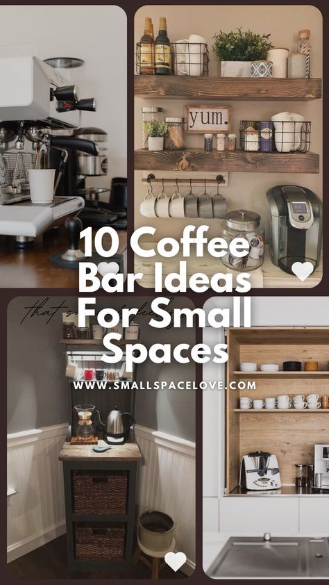 Here are 10 amazing coffee bar or coffee station ideas for small spaces. These coffee bar ideas for small spaces will undoubtedly be appealing if you have a small kitchen but a huge love for coffee. Coffee Corners Ideas, Styled Coffee Bar, Coffee Bar Ideas For Small Kitchens, Ideas For Small Coffee Bar, Mini Home Coffee Bar, Coffee Set Up Ideas, Coffee Bar Ideas Hanging Cups, Slim Coffee Bar, Coffee Bar Island Ideas