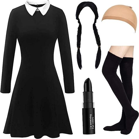 Collar Black Dress, Wednesday Costume, Wednesday Addams Dress, Addams Dress, Long Sleeve Black Dress, Halloween Costumes For Women, Black Collared Dress, Plus Size Halloween Costume, Sleeve Black Dress