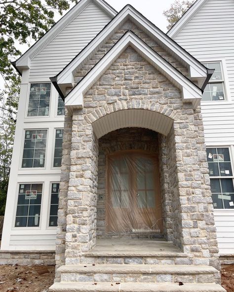 Monika McCommon (@mmcointeriors) • Instagram photos and videos Limestone Front Porch, Limestone Front Steps, Stone Portico, Front Porch Exterior, Stone Front Porch, Front Porch Stone, Limestone House, Porch Exterior, White Grout