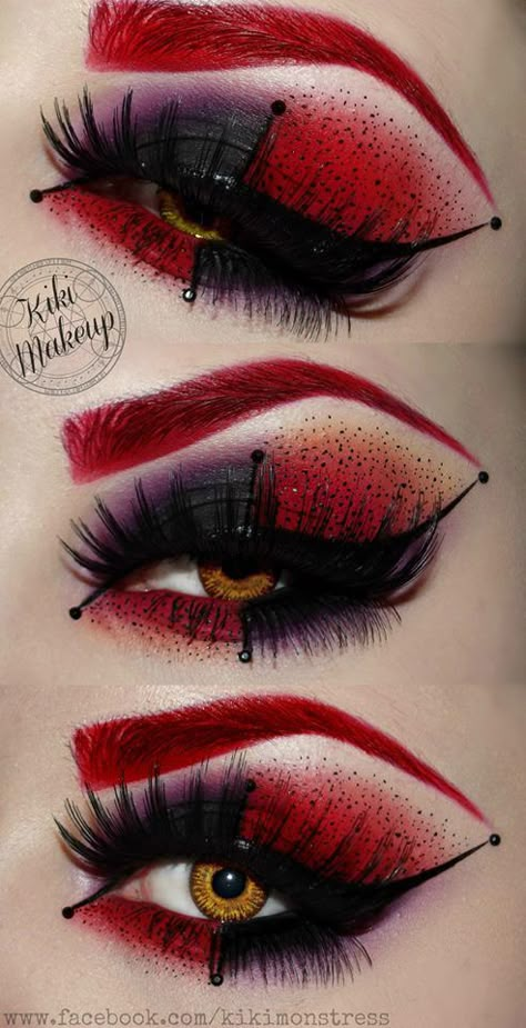 Harley Quinn inspired makeup. Red, Black, and Purple eye shadow with Red eyebrows Harley Quinn Make-up, Bunny Eyes, Extreme Make-up, Carnaval Make-up, Pelottava Halloween, Queen Of Hearts Makeup, Teknik Makeup, Futuristic Makeup, Fantasy Make-up