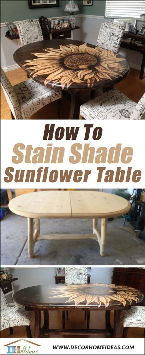 DIY Sunflower Table Stain Shading. How to transform an old boring table into a gorgeous dining table with stain shaded sunflower. Sunflower Stained Table, Sunflower Wood Table, Sunflower End Table, Wood Table Stain Ideas, Staining A Dining Room Table, Sunflower Painted Table Top, Wood Kitchen Table Makeover, Sunflower Coffee Table, Sunflower Picnic Table