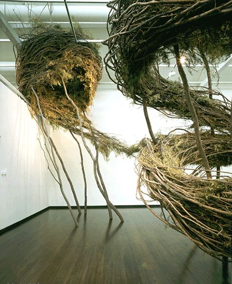 Sculptural installation, Shelterbelt, by Patrick Dougherty, 1990 Eco Art Installation, Nature Installation, Plants Art Installation, Ecological Art Installation, Nest Installation, Sculptural Installation, Overgrown Sculpture, Patrick Dougherty, Tree Installation