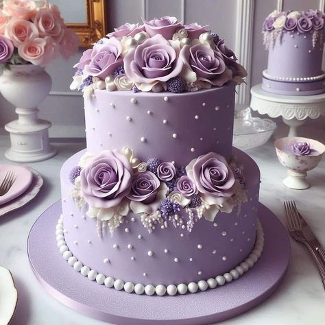 Lilac Desert Table, Purple Anniversary Cake, Quinceanera Purple Cake, 50th Birthday Cake For Women, Wedding Cakes Lilac, Birthday Cake Roses, Elegant Cake Design, Violet Cakes, Cake Purple