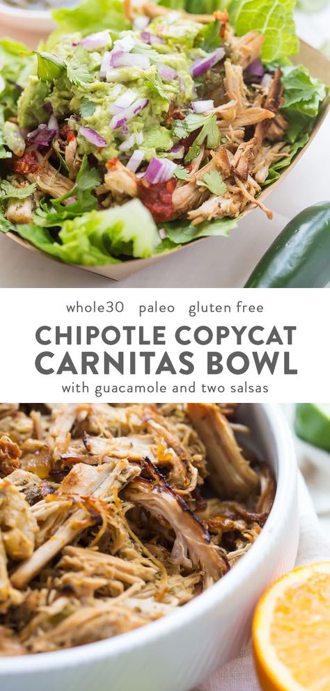 This Chipotle copycat Whole30 carnitas bowl is a take on the Whole30 Chipotle favorite and is a fantastic Whole30 dinner, especially for warmer weather! I just can't think of a better way to eat Whole30 Mexican food. Sorry, Chipotle! #whole30 #paleo #mexican #carnitas Keto Carnitas Bowl, Postpartum Dinners, Carnitas Bowl, Mexican Carnitas, Chipotle Menu, Paleo Mexican, Salsa Ranchera, Chipotle Copycat, Chipotle Recipes