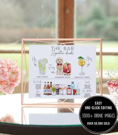 Mobile Bartender, Drink Menu Template, Menu Minimalist, Bar Menu Template, Signature Drink Sign, Wedding Edit, Signature Cocktail Sign, Strawberry Mojito, Cat Images