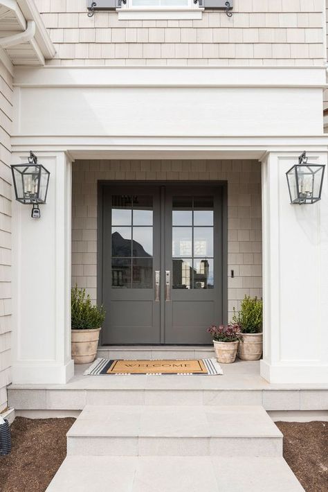 10 Most Charming Outdoor Entryway Decorating Ideas and Tips Exterior House Color With White Windows, Front Door Covered Entry, Modern Traditional Home Exterior, Houses Architecture, Barn Houses, Double Front Doors, Brick Exterior House, Concrete Steps, Front Entrance