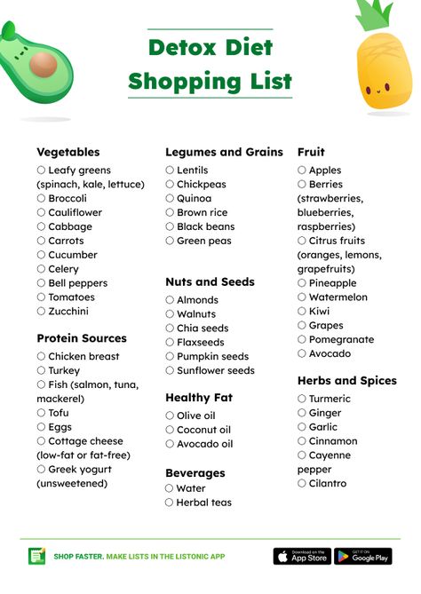 While detox diets can vary, they usually involve consuming specific products (mostly unprocessed and healthy foods) while avoiding/limiting others. Advocates of detox diets claim that they help to eliminate toxins, improve digestion, facilitate weight loss, increase energy levels, and promote healthier habits. In this article, we explore the basic principles of detox diets and provide a helpful shopping list to start your detoxification process. 369 Cleanse Shopping List, Metal Detox Smoothie, Detoxing From Heavy Metals, Different Types Of Detoxes, Post Vacation Detox Diet, Chia Seeds Protein, Carrot Greens, Nuts And Seeds, Green Lentils