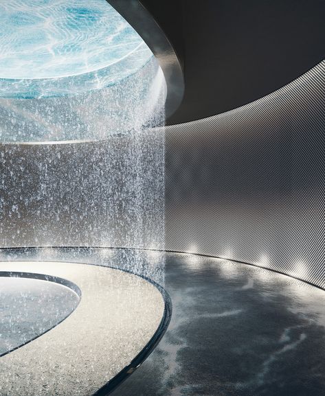 Dimensional labyrinths add an essence of play to the Multifunctional Cultural Center Museum Of Emotions, Wall Of Water, Water Architecture, Water Curtain, Water Walls, Cultural Center, Water Design, Architecture Visualization, Water Feature