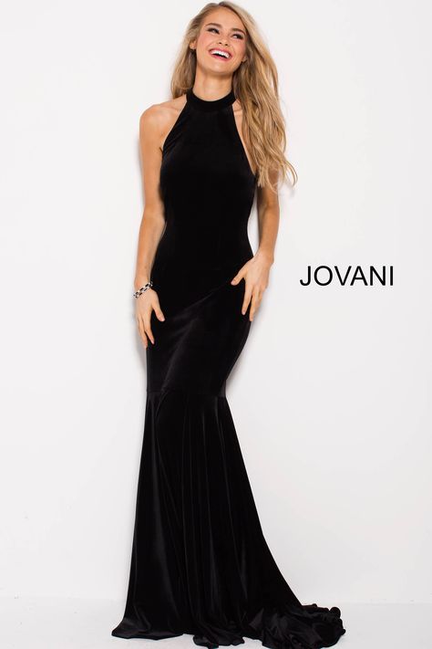 High Neck Evening Dress, Black Tie Event Dresses, Stretch Velvet Dress, Prom Dresses Jovani, Jovani Dresses, Black Bridesmaid Dresses, Long Evening Gowns, Elegant Dresses For Women, Black Prom Dresses