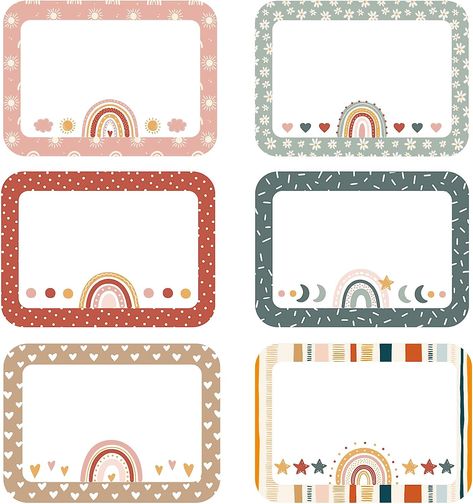 Boho Rainbow Teacher Desk, Class Teacher Name Board, Name Plate Classroom, Classroom Label Ideas, Cute Name Tags For School Free Printable, Bulletin Board Ideas For Teachers Boho, Boho Label Design, Boho Name Tags Classroom, Desk Name Tags Classroom