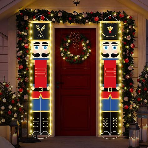 Porch Nutcracker, Nutcracker Decor, Nutcracker Christmas Decorations, The Soldier, Door Porch, Led Light Design, Front Door Porch, House Front Door, Porch Garden