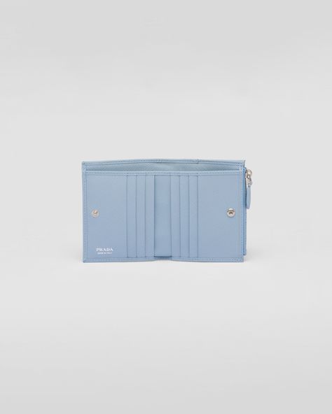 Pale Blue Small Saffiano Leather Wallet | PRADA My Teacher, Prada Wallet, Triangle Logo, Pale Blue, Snap Closure, Leather Wallet, Luxury Bags, My Dream, Card Slots