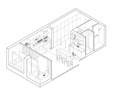 Gallery of Apartment for an Engineer / CXEMA - 14 Isometric Architecture, Arch Sketch, Drawers On Wheels, Axonometric Drawing, Urban Housing, Architecture Presentation Board, Perspective Drawing Lessons, Architectural Floor Plans, Architecture Graphics