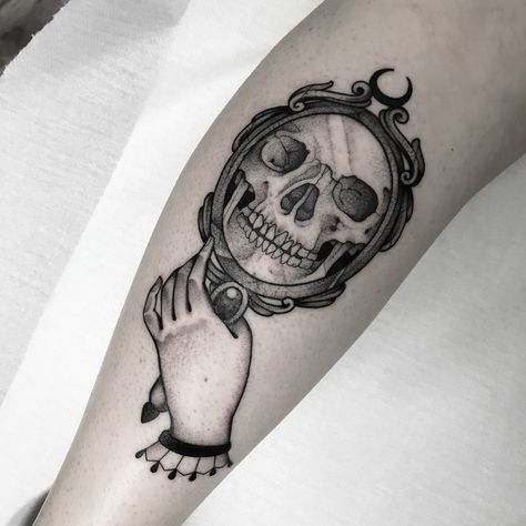 Skeleton Looking In Mirror Tattoo, Skeleton In Mirror Tattoo, Skull In Mirror Tattoo, Skeleton Mirror Tattoo, Hand Holding Mirror Tattoo, Handheld Mirror Tattoo, Hand Mirror Tattoo, Victorian Tattoos, Candle Art Painting