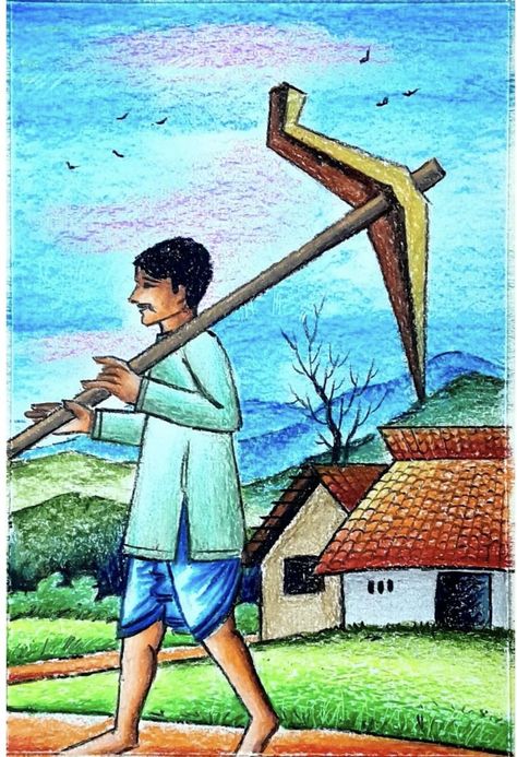 Senery Pic Drawing, Village Scene Drawing, Scenery Drawing For Kids, Drawing Classes For Kids, Easy Scenery Drawing, Art Books For Kids, Oil Pastel Drawings Easy, Drawing Scenery, Picture Drawing