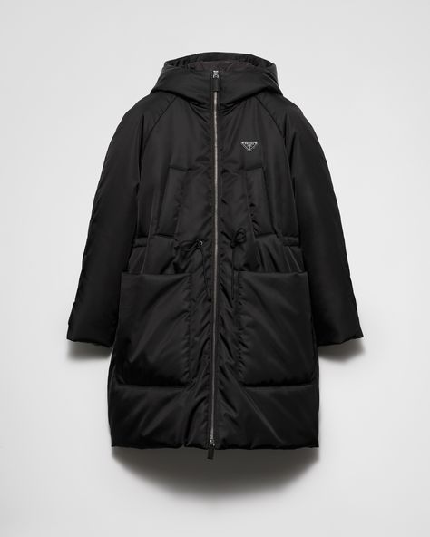 Black Re-nylon Down Coat | PRADA Luxury Nylon Outerwear With Pockets, Classic Black Nylon Outerwear, Re Edition Prada, Prada Re Edition, Light Down, Denim T Shirt, Logo Line, Jogging Suit, Padded Coat