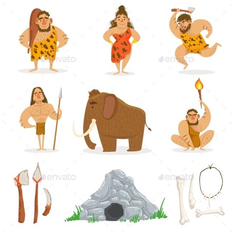 Stone Age Tribe People And Related Objects. Cute Cartoon Childish Style Illustrations Isolated On White Background. Caveman Cartoon, Primitive Tribe, Stone Age Man, Kids Hunting, Stone Age Tools, Prehistoric Man, Drawing Rocks, Kids Vector, Sketch Poses