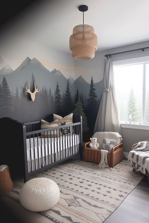 30 Creative Nursery Themes Ideas to Spark Your Imagination - Days Inspired Coed Nursery Ideas, Farmhouse Neutral Nursery, Baby Nursery Mountain Theme, Adventure Nursery Ideas, Nursery Ideas Mountain Theme, Winter Nursery Theme, Gray Wall Nursery, Mountains Nursery Theme, Small Boy Nursery Ideas